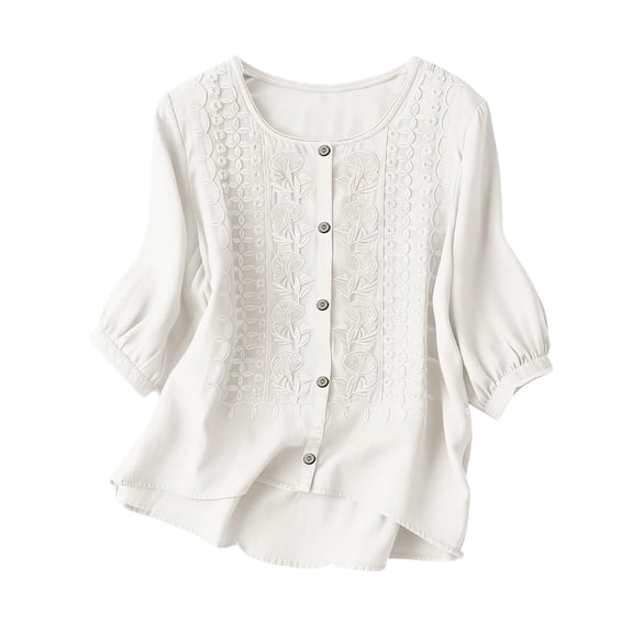 Dvprdro Womens Linen Tops Summer Tops for Women Crew Neck Embroidered 3/4 Sleeve Loose Fit Casual Blouses
