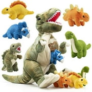 Prextex Plush 15-inch T-Rex Dinosaur Tummy Carrier Filled with 5 Cute Little Baby Dinosaur Hatchlings Inside its Zippered Tummy - Great Set for Kids Boys Girls - Giant Stuffed Dinosaur - Animal Toys