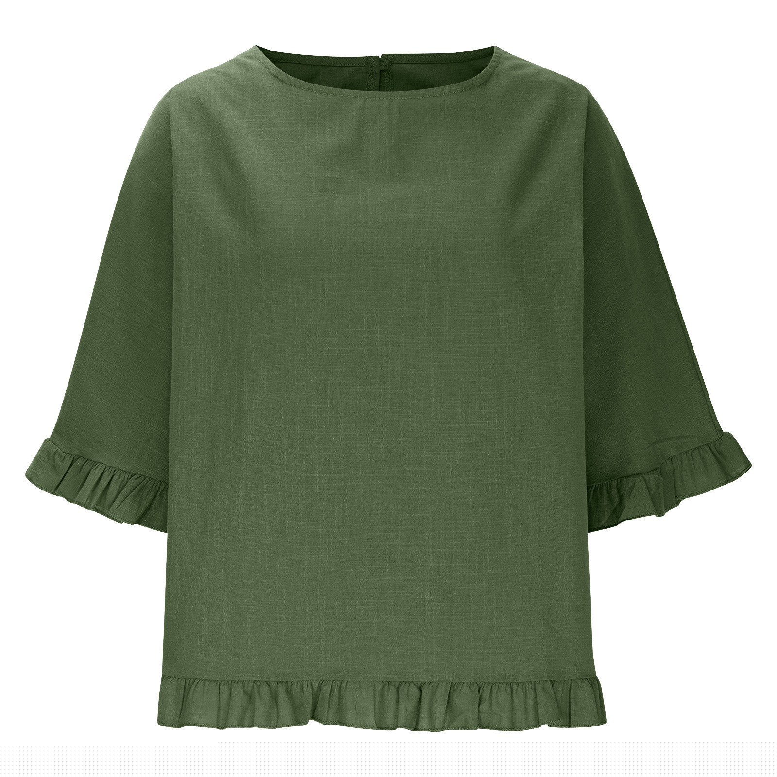 thumbnail image 6 of Women T Shirts Summer Tops Solid Cotton and Linen Ruffle Pleated Hem Tops Round Neck Casual Shirt Tops Comfortable Shirts, 6 of 8