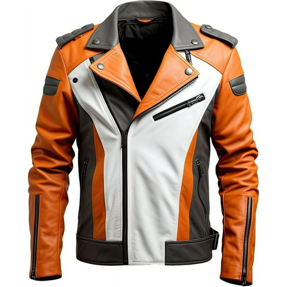 HIDE CRAFTS Men's Orange White Sheepskin Leather Jacket with Notch Collar, Asymmetric Zip Closure (US, Alpha, X-Large, Regular, Regular, Orange and White)