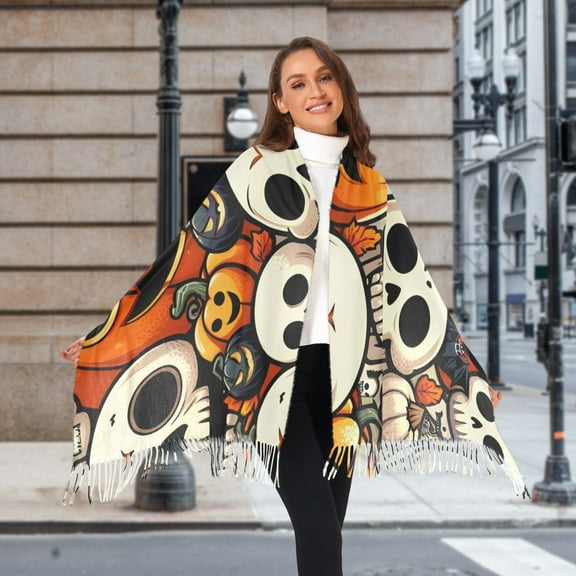 Pumpkins Skeleton Halloween Winter Scarf for Women Fashion Warm Long Soft Blanket Scarves Gifts