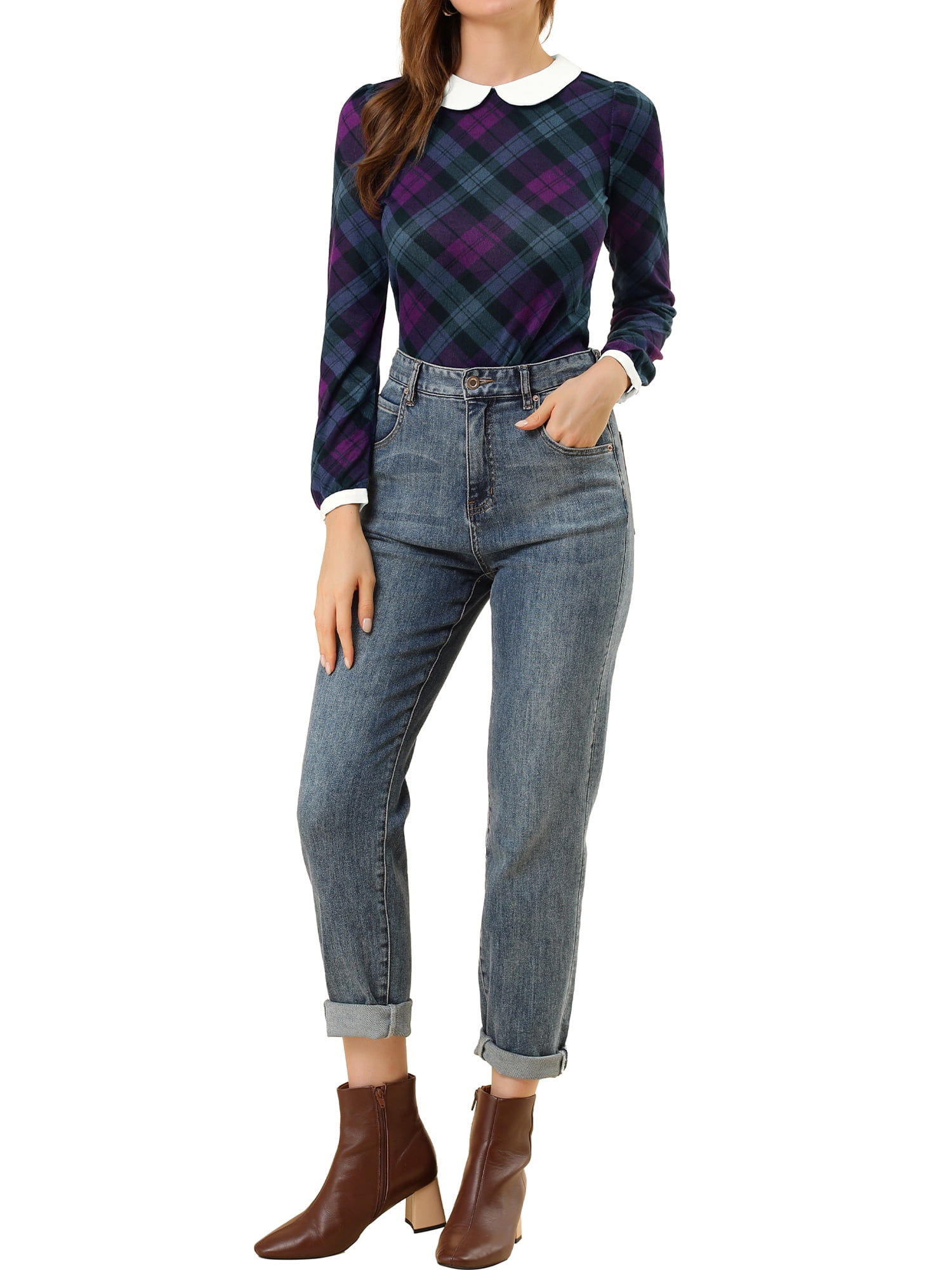 Unique Bargains Women's Peter Pan Collar Puff Sleeve Contrast Plaid Shirt Blouse