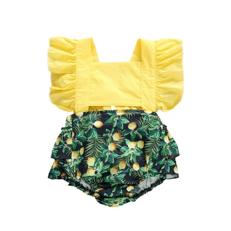 

EYIIYE Baby Girl Summer Outfits Cartoon Printing Ruffle Sleeve Romper with Headband
