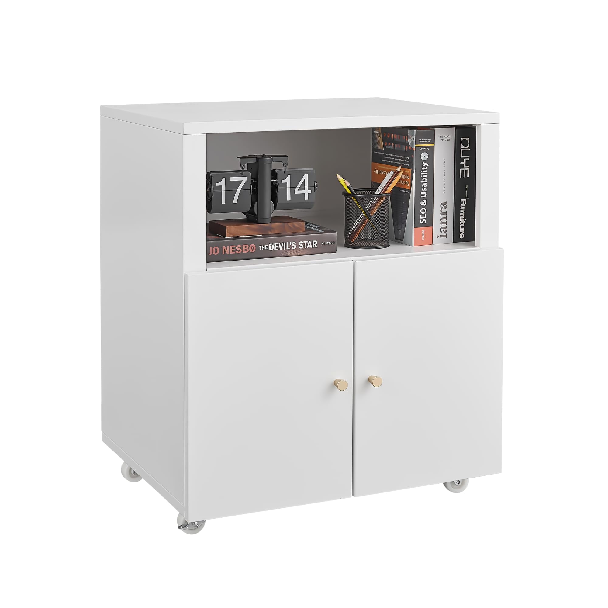 Metal Printer Cabinet with Storage, Heavy Duty Rolling 3D Printer Stand with 2 Doors, Under Desk File Cabinet for Home Office Corner and Small Spaces, White