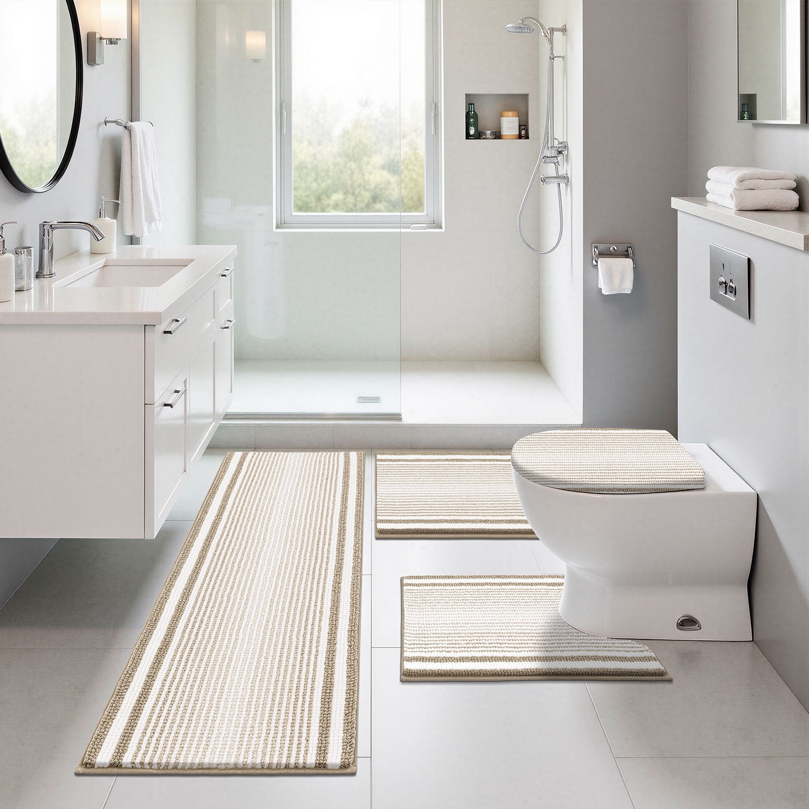 Ileading Chenille Bathroom Rugs Sets 4 Piece, Super Absorbent Non Slip Washable Bath Mat and U-Shaped Contour Toilet Rug Set for Tub Shower Floor Carpet