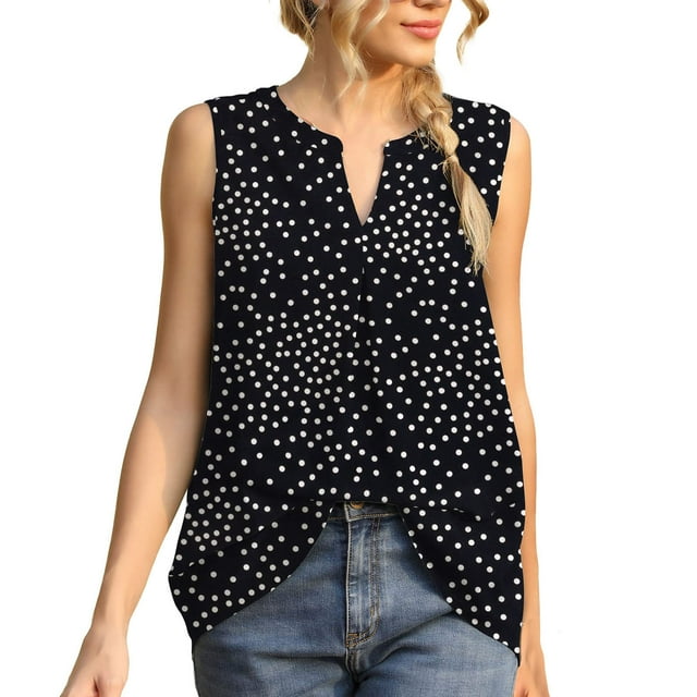 Las mujeres camisetas sin mangas Blusa de verano para mujer Camisa informal Sin mangas Top con cuello en V Camisa plisada informal Camiseta sin mangas de color sólido (Black, M)