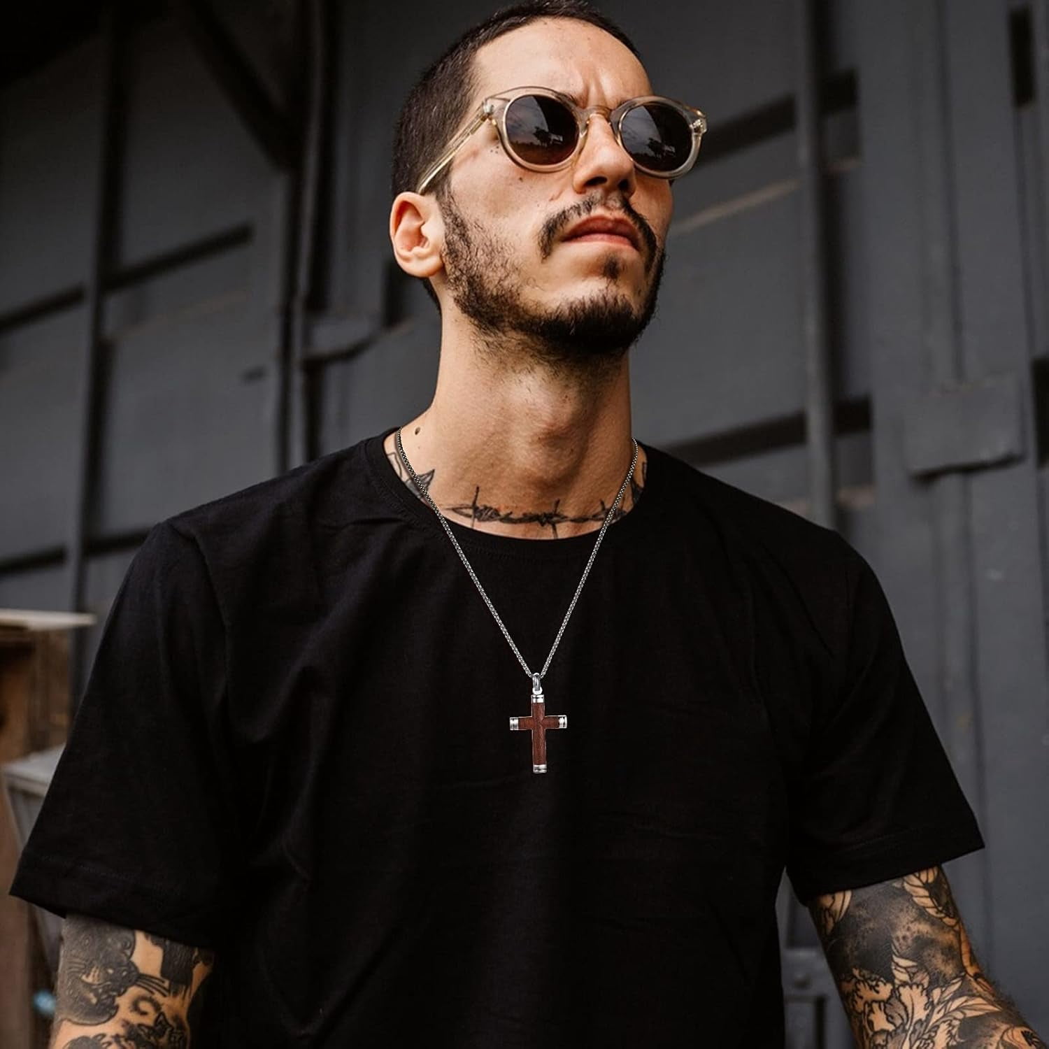 Wollet Wooden Cross Necklace Pendant for Men- Stainless Steel Chain, Mens Wood Jewelry Christian Baptism Crucifix Pendant