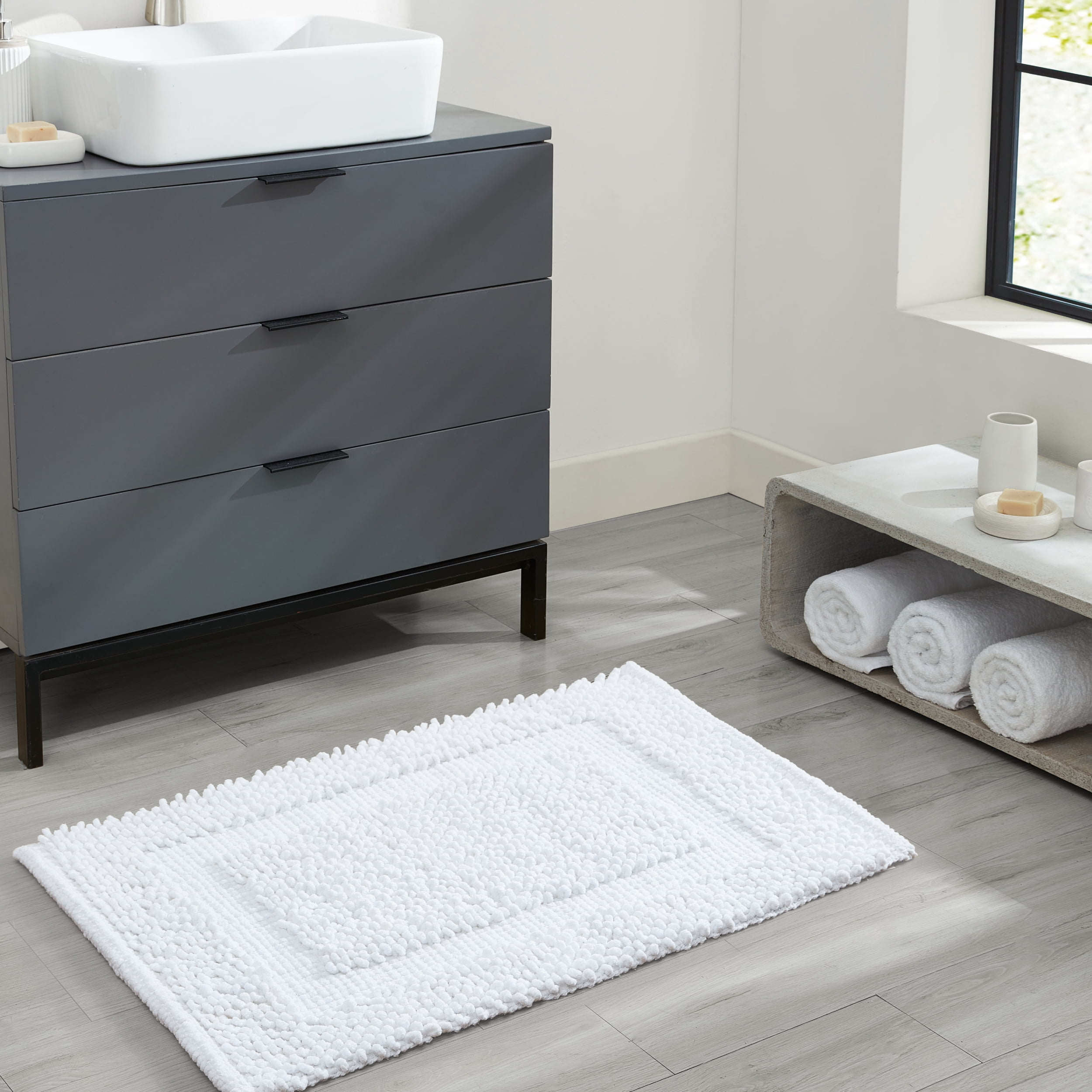Jean Pierre New York Sophie Border 100% Cotton Bath Mat - Non-Slip Bath Rug - White - 20" x 32"