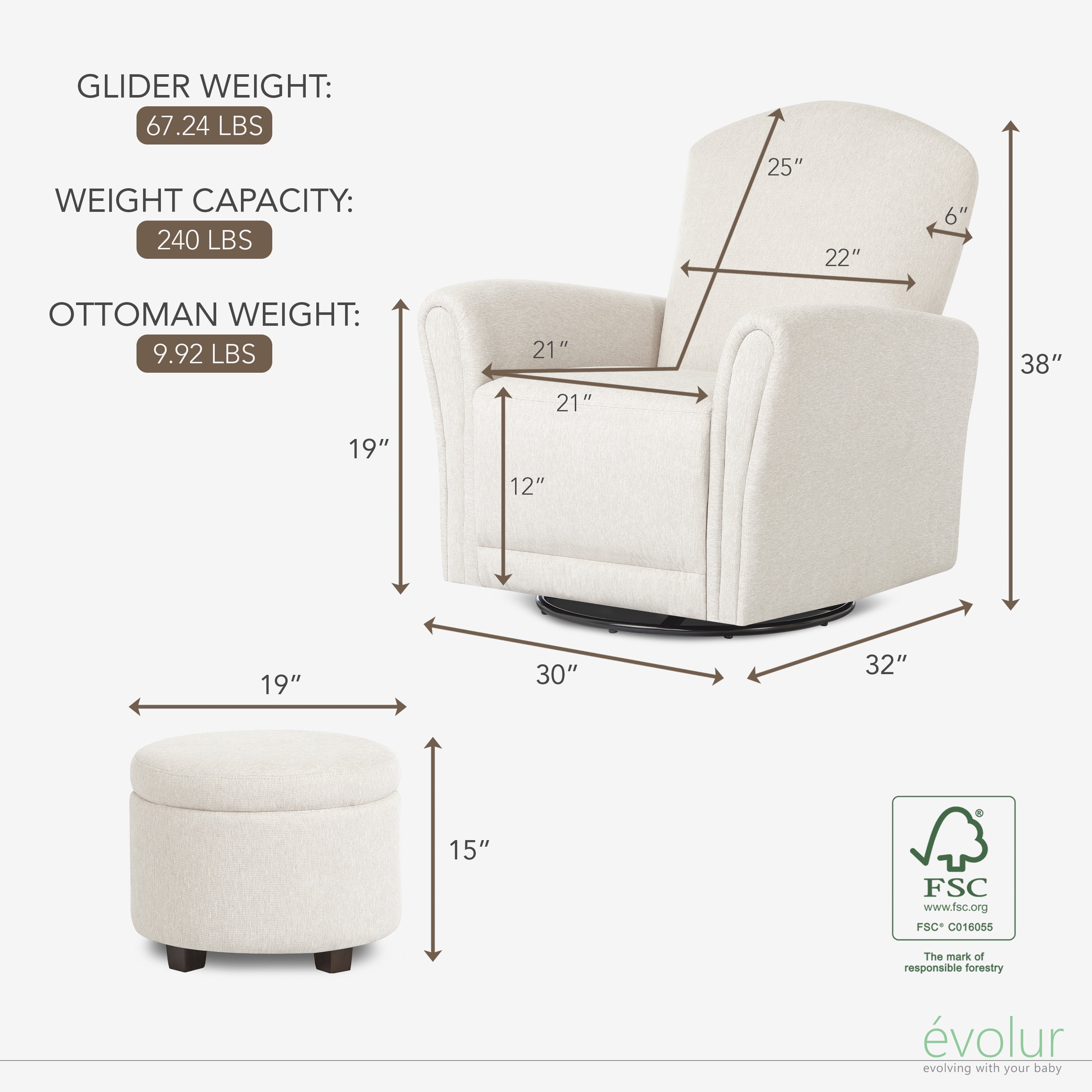 Evolur Vienna Swivel Glider with Ottoman and Nailhead Trim, Greenguard Gold Certified, Made from Sturdy and Sustainable FSC-Certified Wood, Sweet Cream
