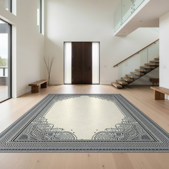 Design&I 8'x10' Washable Area Rug Door Geometric Curved Interlocking Border Abstract Decorative for King Size Bedroom, Under Bed, Sleek Flatweave Pet Friendly