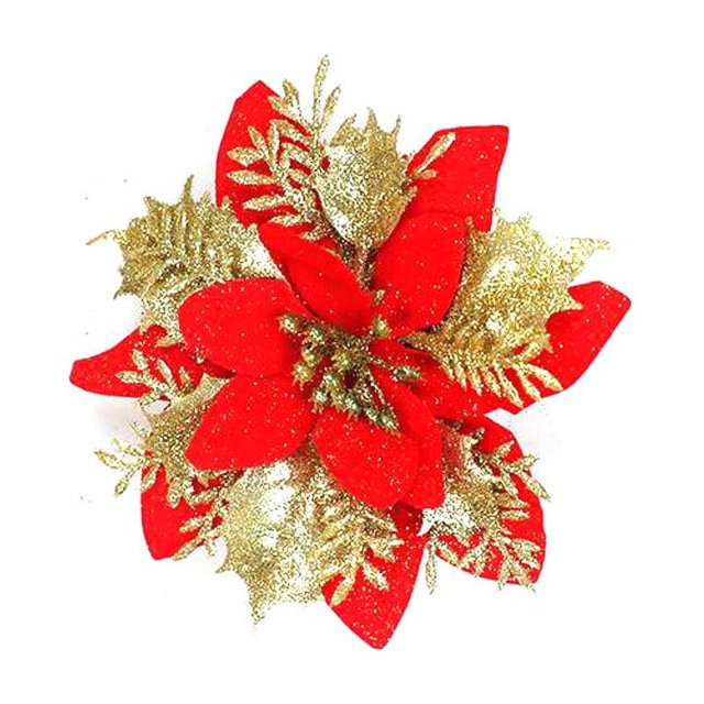 Adornos navideños, corona de ratán con flores doradas y rosas, flores decorativas, decoración de flores navideñas, suministros para árboles de Navidad DIY