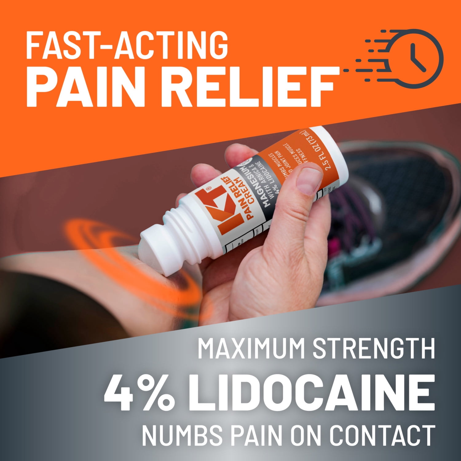 KT Pain Relief Cream Roll-on Magnesium with Arnica & 4% Lidocaine, 2.5 fl oz