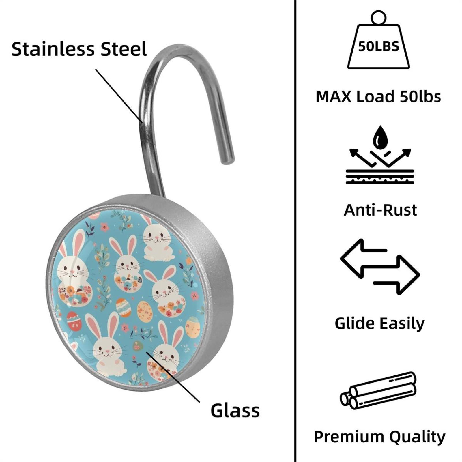 Imobaby 12 Pcs Metal Shower Curtain Hooks Rust Proof for Shower Curtain Liner - Blue Flower Little White Rabbit