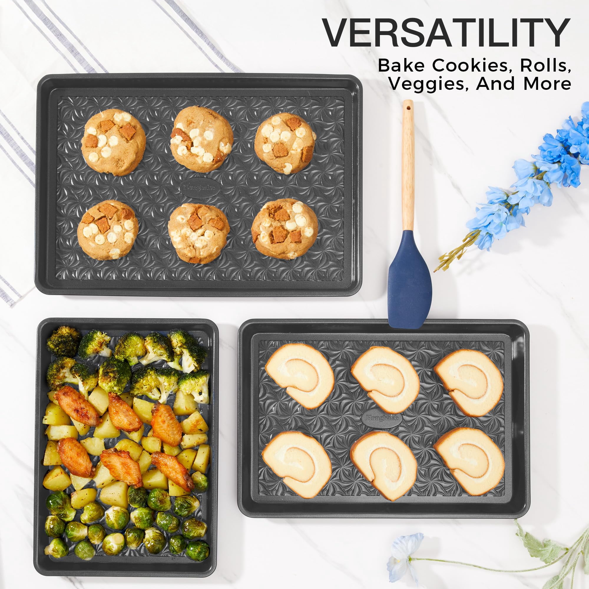 HONGBAKE Nonstick Baking Sheet Pan Set of 3, Cookie Sheets for Baking, Half Sheet, Quarter Sheet & Jelly Roll Pan Set, Heavy Duty Carbon Steel Bakeware, Dark Gray