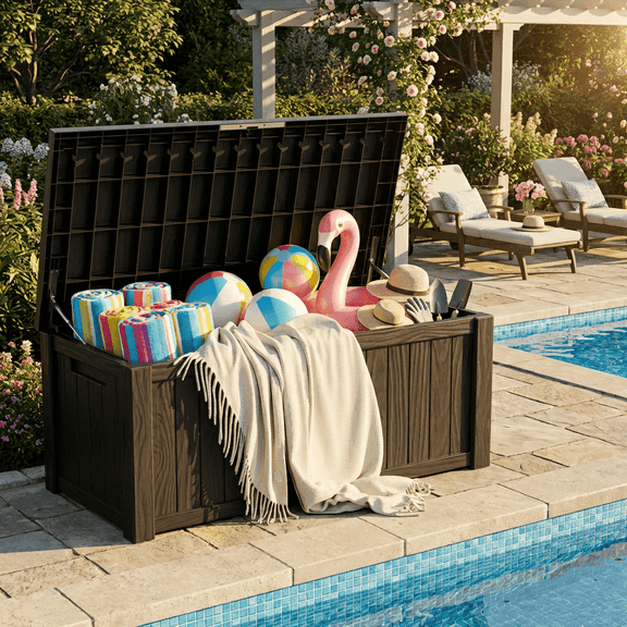 Decksplore 150 Gallon Outdoor Storage Box Waterproof Lockable Resin Deck Box, for Pool Accessories, Tools Storage, UV-Resistant Outside, Black-PRO
