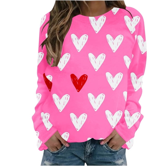 Diufon Hauts de la Saint-Valentin pour Femmes Manches Longues Col Rond Chandail Décontracté Tendance Mignon Imprimé Graphique Blouse