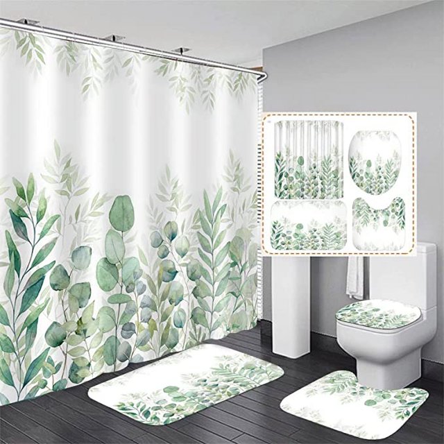 Juegos de cortinas de ducha de hojas verdes con alfombra antideslizante, tapa de inodoro y alfombrilla de baño, juegos de cortinas de ducha de hojas de plantas