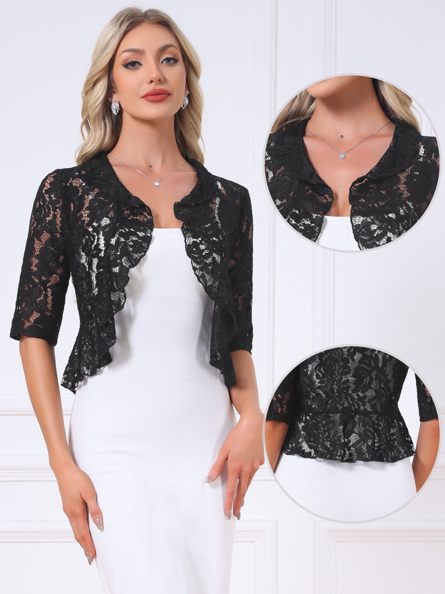 DARING DIVA Women's Lace Shrug Ruffle Cardigan Open Front Half Sleeve Bolero S Black