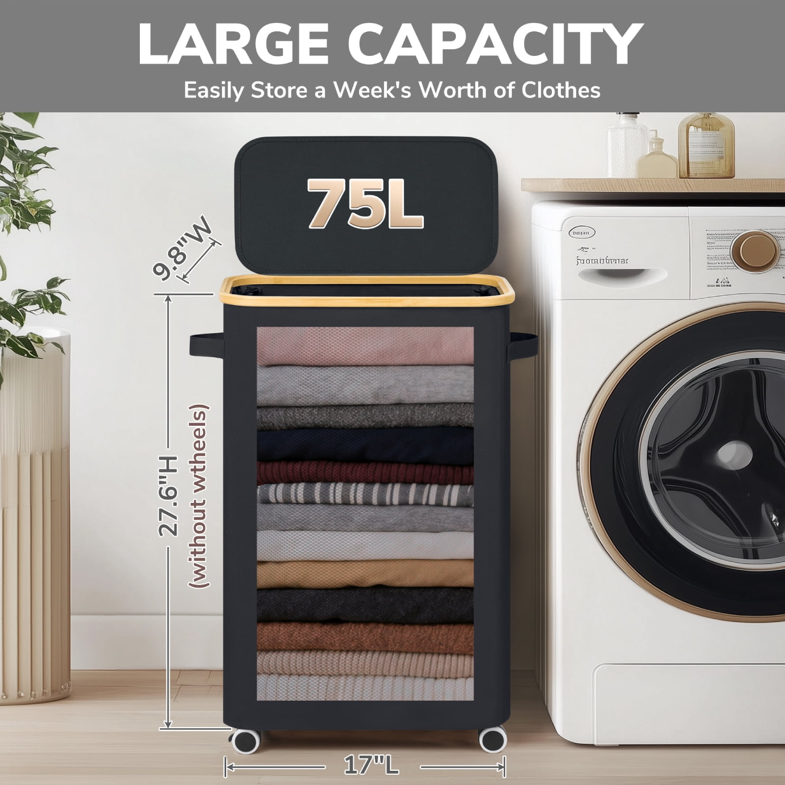Slim Laundry Basket with Wheels,Freestanding Laundry Hamper with Lid&Bamboo Handles(75L Black)