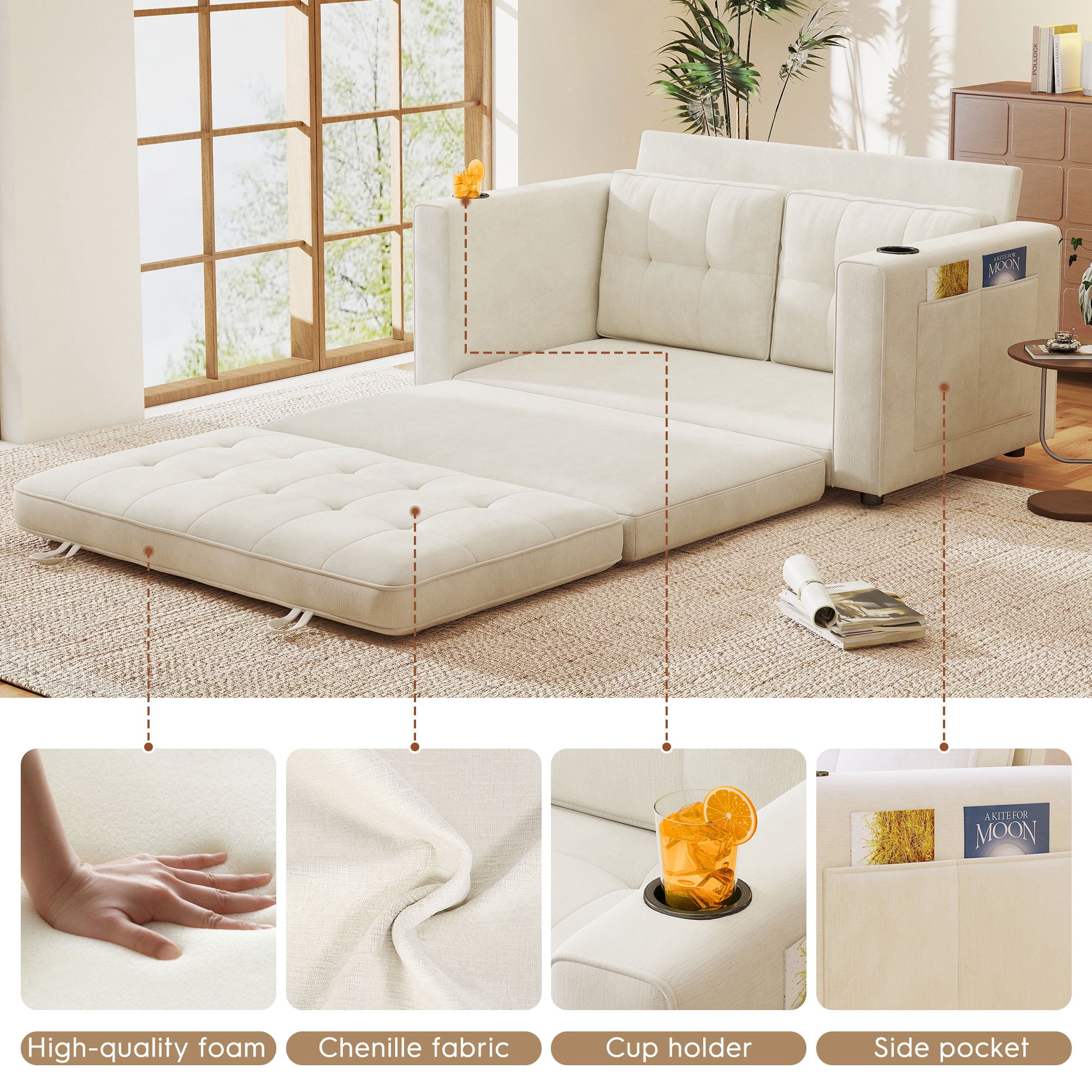 BedLuxury 55" Foldable Loveseat Futon Sofa Bed with Cup Holder & Storage Pocket, 3-in-1 Sleeper Couch, Space Saving, Chenille Beige