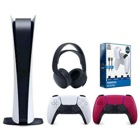 Sony Playstation 5 Digital Edition Console with Extra Red Controller, Black PULSE 3D Headset and Surge PowerPack Battery Pack & Charge Cable Bundle