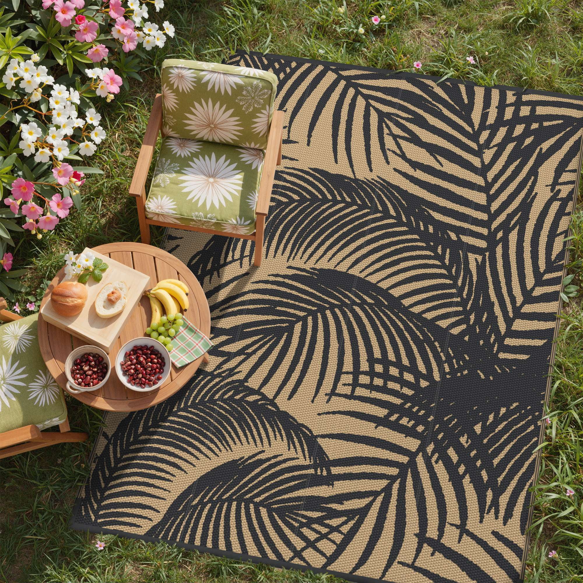 DEORAB 5'x8' Outdoor Rugs Waterproof Patio Reversible Plastic Straw Carpet Camping Outside Mat For Garden Balcony Camping Porch, Black & Brown