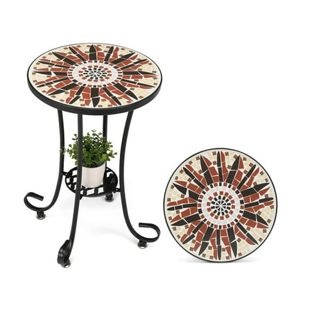 14 Round End Table Mosaic Outdoor Side Table Accent Table with Ceramic Tile Top Black Iron for Office Living Room Pool Side Porch Patio Deck or Sofa Side Brown Flower