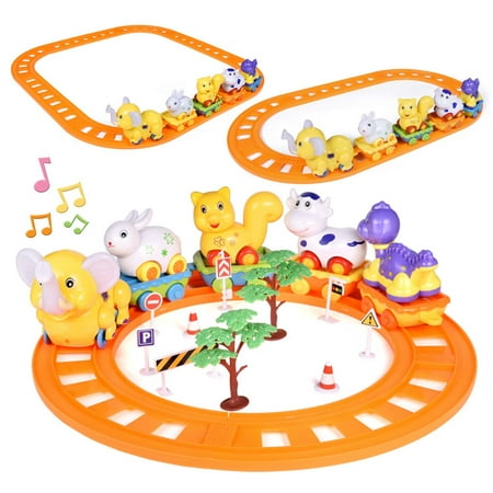 27 PCs Toddler Bucket Top Mountain Train Set，Kids Electric Battery Operated Train Track Car Toy Set with Musical Animals Toys, Zoo Carrier Train Cars, Optional Splicing Train Tracks, Animal Train