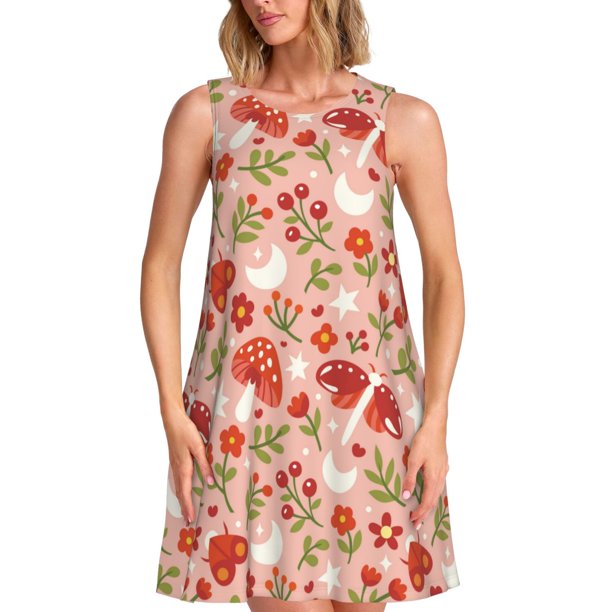 Balery Dragonfly Mushroom Vestidos de verano para mujer con estampado: vestido holgado sin mangas, vestido playero informal y cómodo para días calurosos.