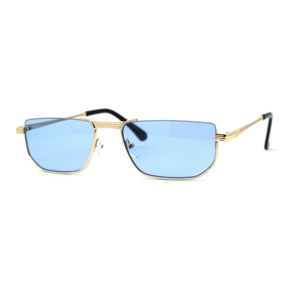 Womens Classy 90s Fashion Exposed Lens Rectangle Metal Rim Sunglasses Gold Blue