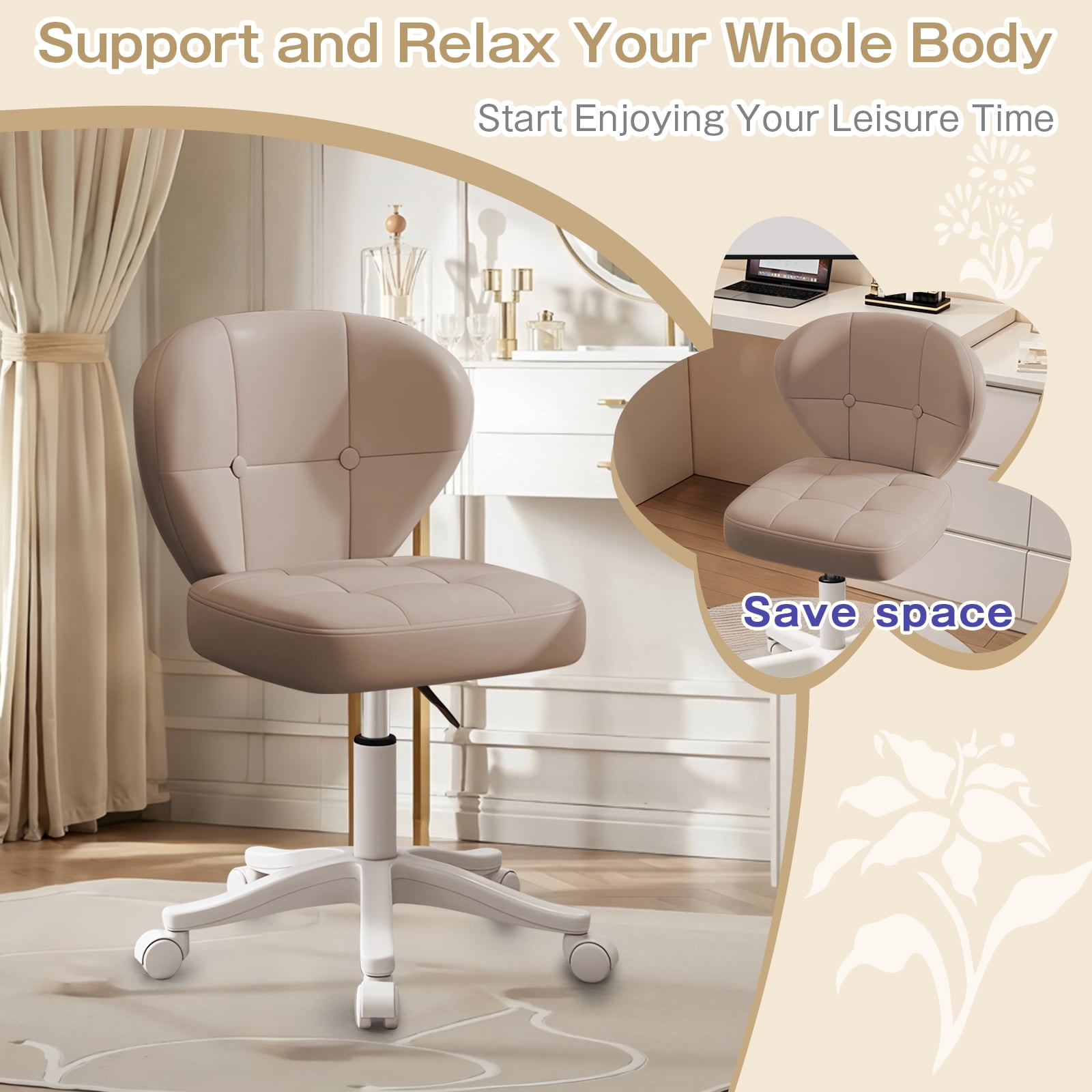 Vanity Chair with Back – Small Armless Office Chair with Wheels, Lumbar Support, PU Leather, Adjustable Height, 360° Swivel for Home, Bedroom, Office Khaki