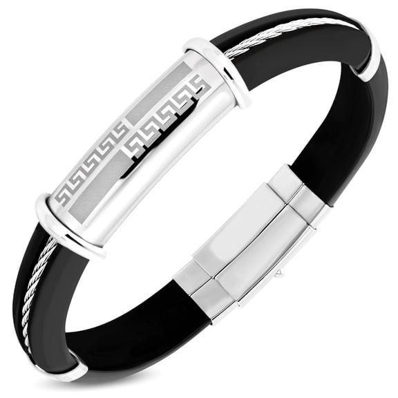 Stainless Steel Black Rubber Silicone Silver-Tone Greek Key Men's Bracelet, 7.75"