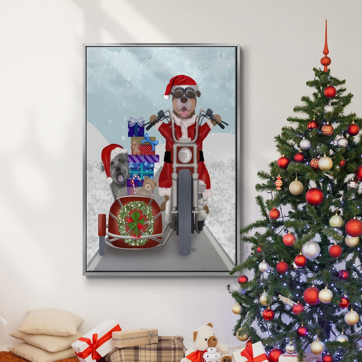 Christmas Mutts Christmas Chopper - Framed Gallery Wrapped Holiday Canvas - 17 x 25 - Silver Frame
