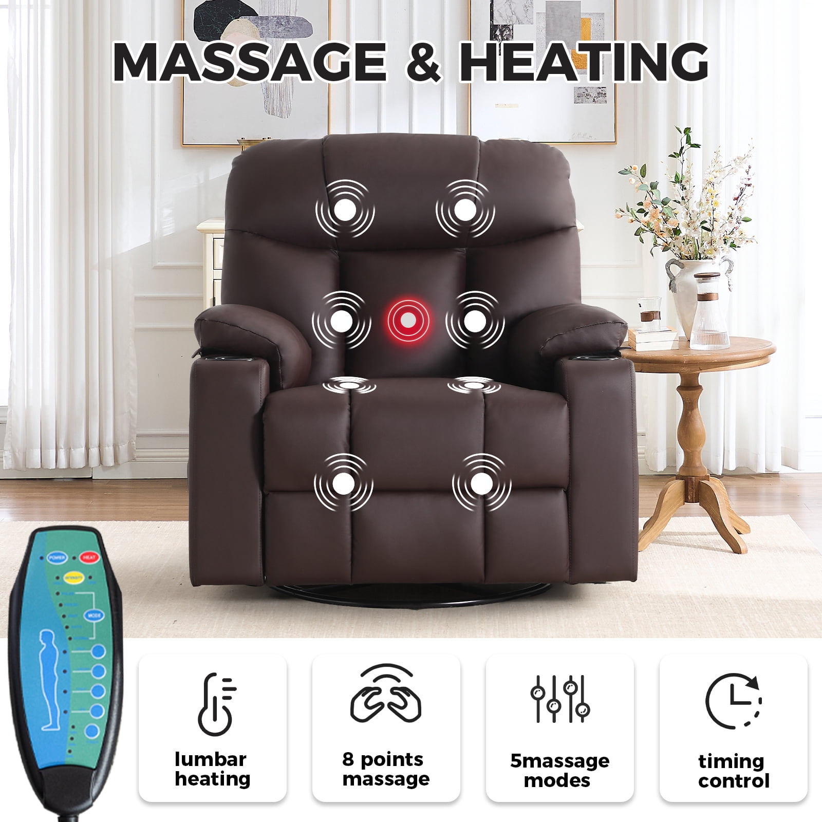 Bonzy Home Rocker Recliner Chair with Swivel Base, Massage & Heat, 2 Cup Holders – Comfortable Recliner for Living Room, Bedroom, Office