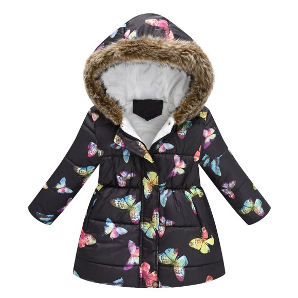 PMVFHDE Toddler Jacket Kids Girls Boys Light Puffer Floral Print Faux Fur Hoodie Zip Up Fleece Fall Winter Jacket,Black,7-8 Years
