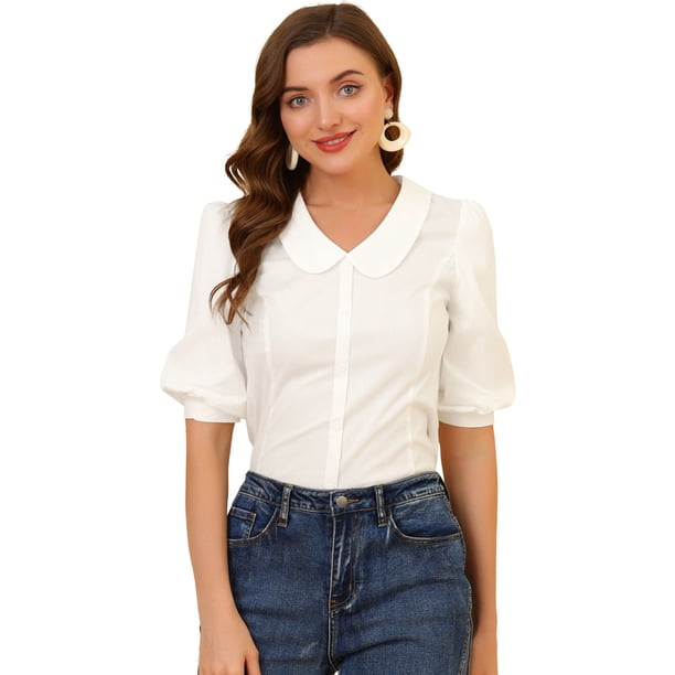 INSPIRE CHIC Blusa De Manga Corta Con Cuello De Peter Pan Para Mujer Blanco XS