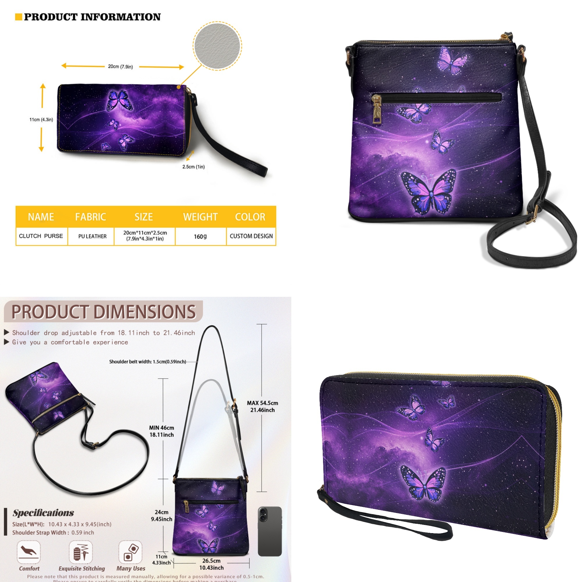 ZUXONGSY Butterfly Galaxy Print Leather Crossbody Handbag & Wallet Set for Women, Spacious Multi-Pocket Satchel with Adjustable Strap for Travel & Work