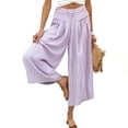 thumbnail image 6 of Streetwear Capris Pants Women's High Waist Striped Wide Leg Capris Elastic Waist Pleated Breathable Loose Casual Cropped Culottes with Pockets Purple XL, 6 of 8