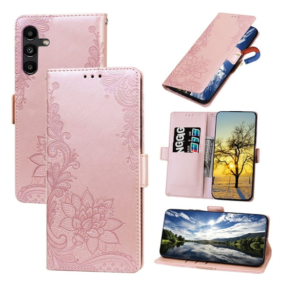 Nalacover Wallet For Samsung Galaxy A13 5G Case,Stylish Full Protection Embossed Lotus Pattern PU Leather Flip Kickstand Card Slots Shockproof Magnetic Cover with Wrist Strap.Rosegold