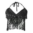 thumbnail image 4 of Wang6 Sequins Fringe Halter Cropped Tank Tops Performance Sparkling Party Holiday Dance Evening Club Longline Bra Spaghetti Strap Cami Tops Black One Size, 4 of 4