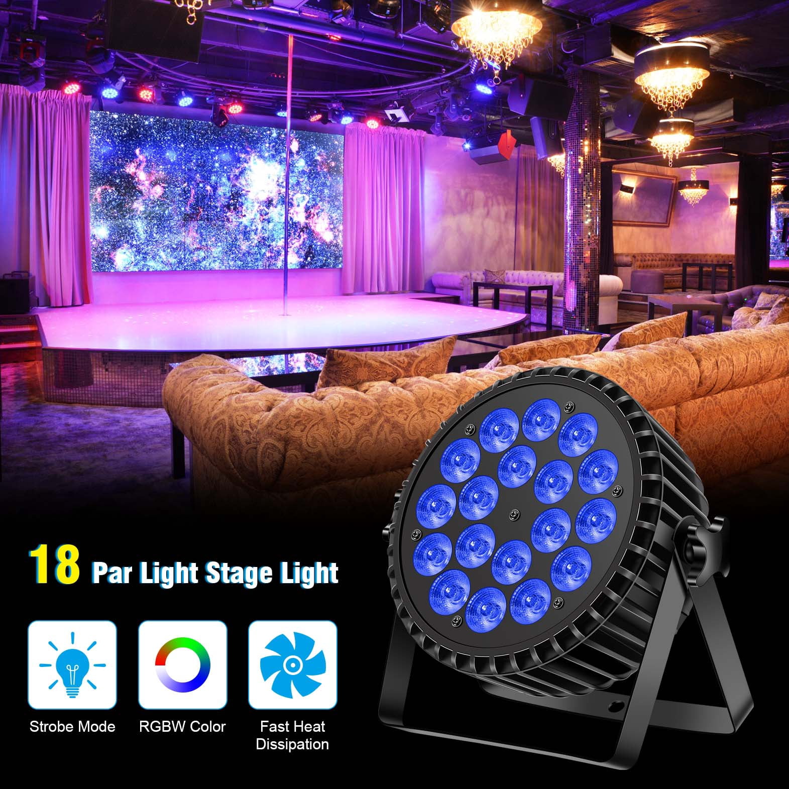 LED Par Light, RGBW+UV 18x10W DMX Control Sound Activated Super