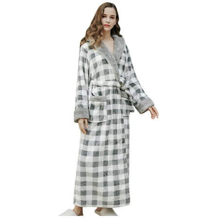 

CALAFEBILA Plus Size Trench Coat Couples Long Bathrobe Plaid Printed Home Clothes Long Sleeved Hooded Robe Coat Fleece Thickened Cotton Warm Padded Coat