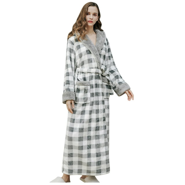 Long Coat for Men Couples Long Bathrobe Plaid Printed Home Clothes Long Sleeved Hooded Robe Coat