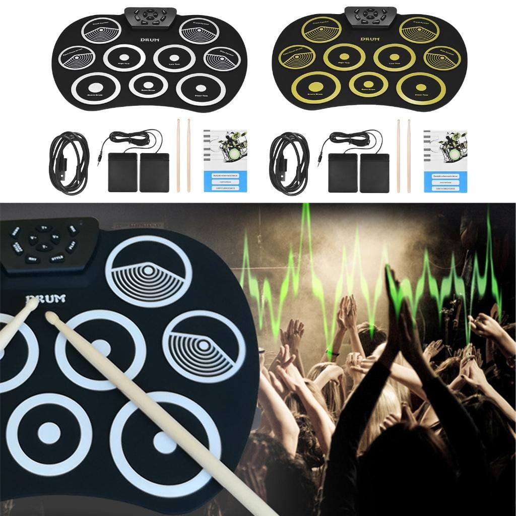 hejhncii Electronic Drum Set 9 Pads Rolls up Practice Drum Built-in Speaker Headphone Set