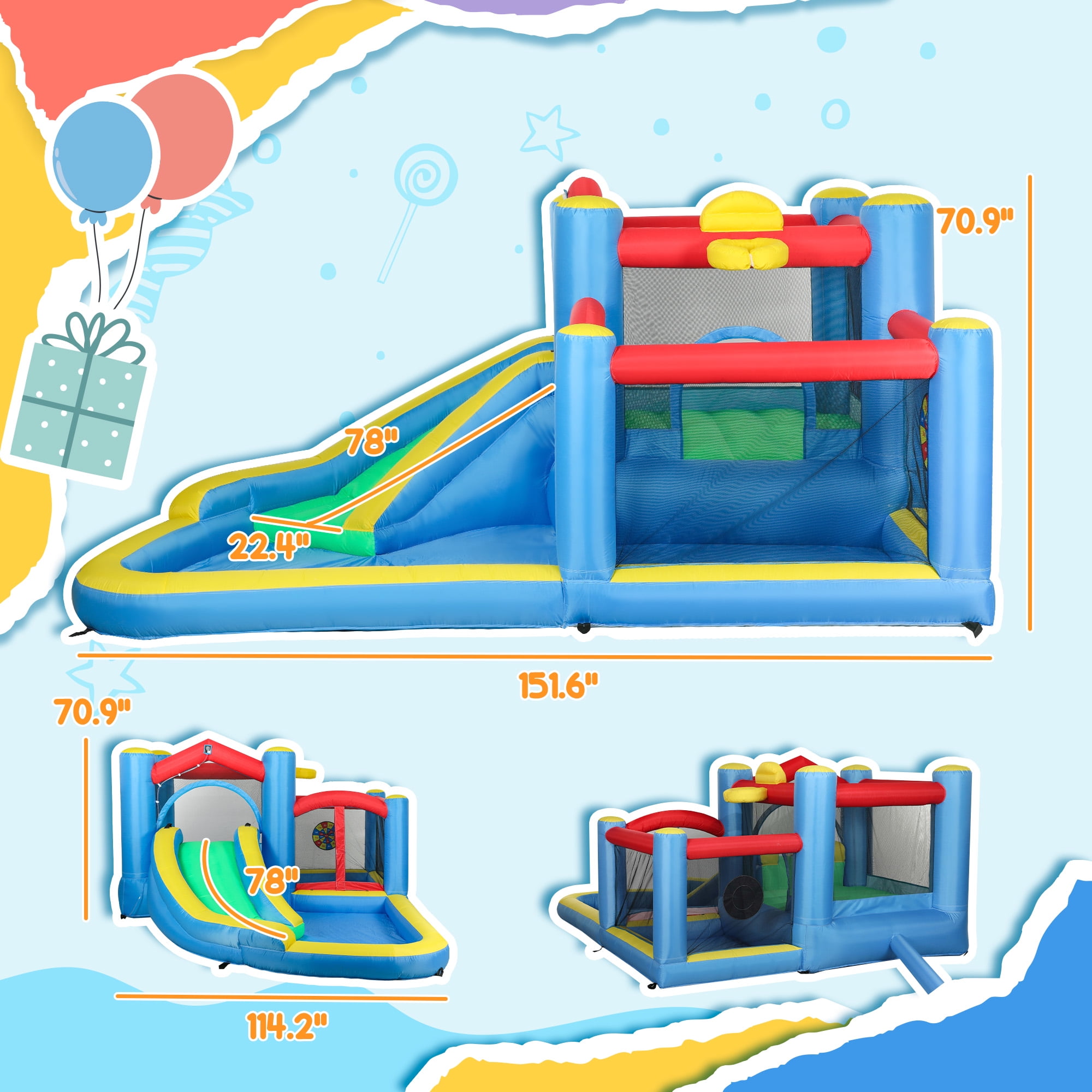 Qaba Inflatable Water Slide, Water Bounce House for Kids Outdoor Fun with Large Trampoline, Splash Pool, 550W Blower, Basketball Hoop, Dart Board