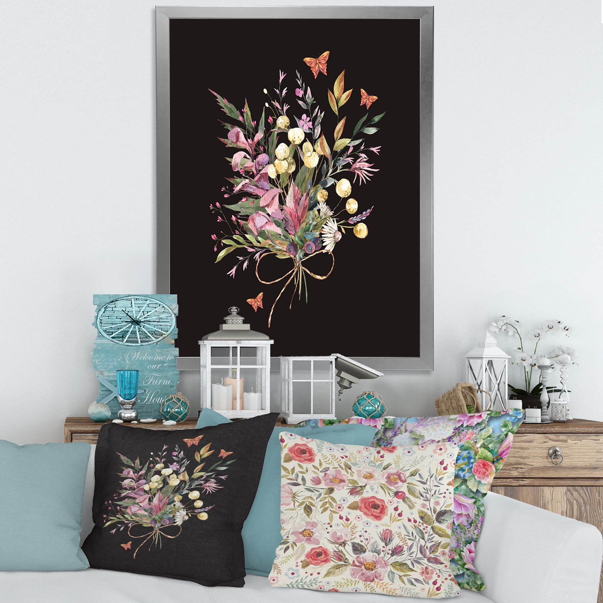 Designart 'Ancient Floral Summer Wildflowers Arrangement' Traditional Framed Art Print