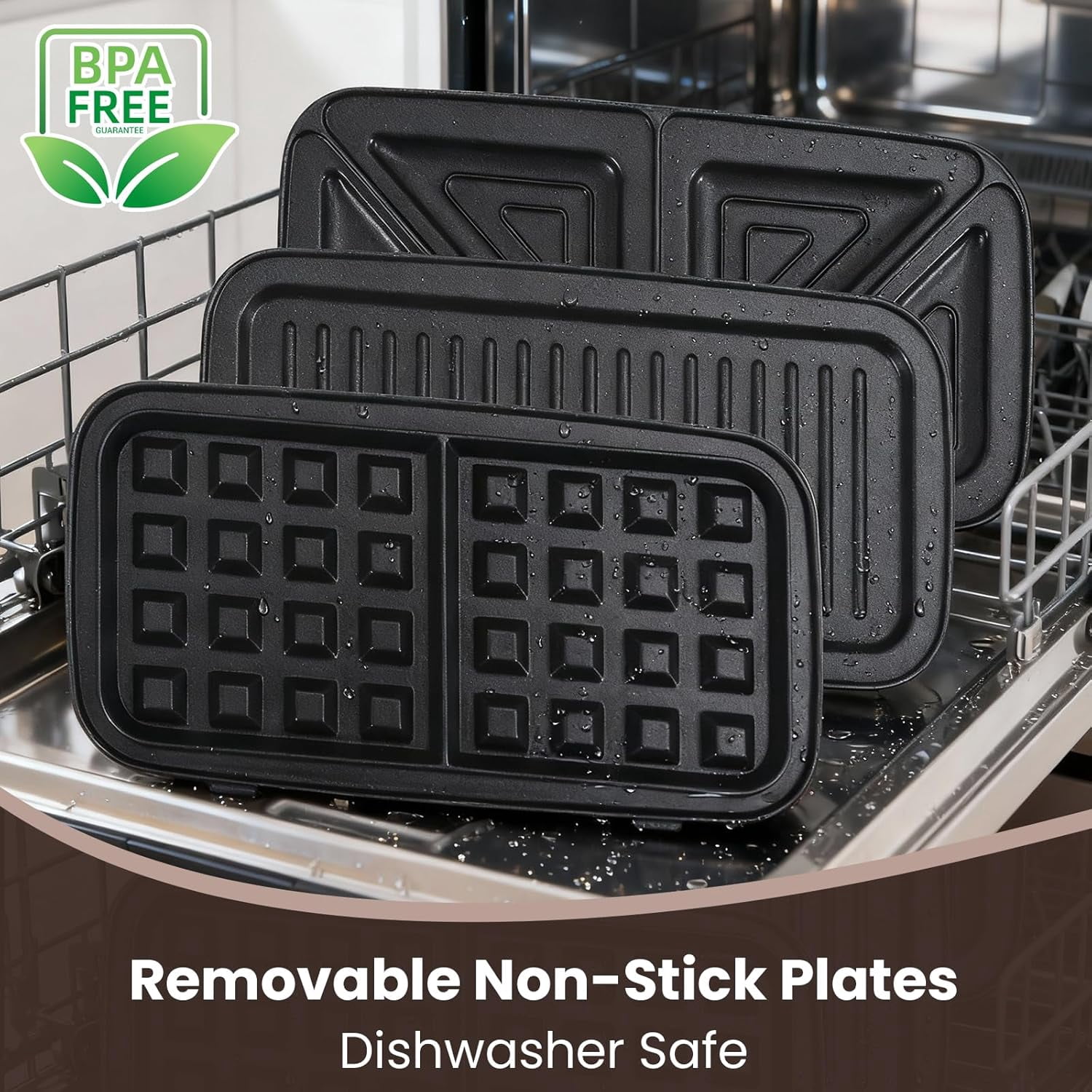 3-in-1 Waffle Maker with Removable Plates, Nonstick Sandwich & Pancake Maker, 5-Level  Control for Family Breakfast