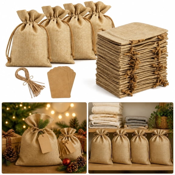 25PCS Small Burlap Drawstring Gift Bags 3.94 x 5.516 Inch Pouches with Bonus Gift Tags & String, Reusable Natural Burlap Pouches for Party Favors, Jewelry, Christmas, Birthday, Coffee & DIY Crafts