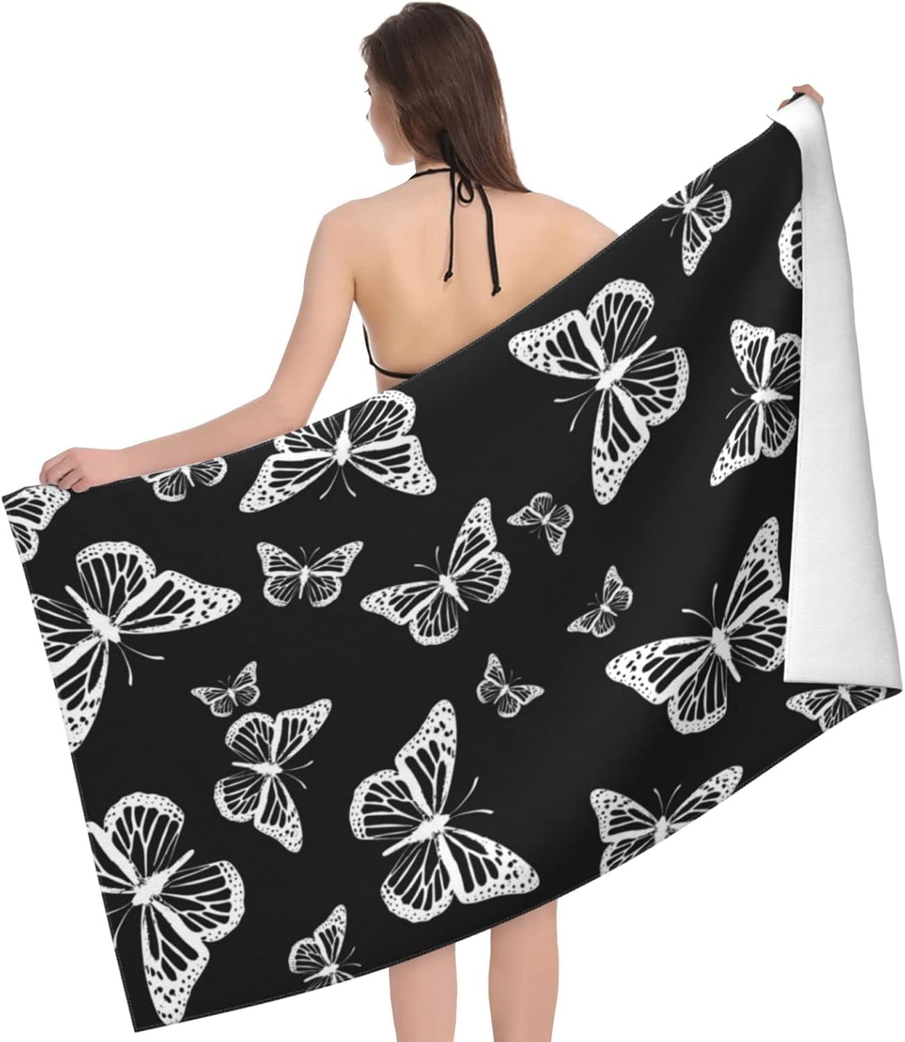 Pretty Black and White Butterflies Pattern Beach Towels Oversized Soft High Absorbent Quick Dry Bath Towels Pool Towels Travel Beach Towels for Kids Adults