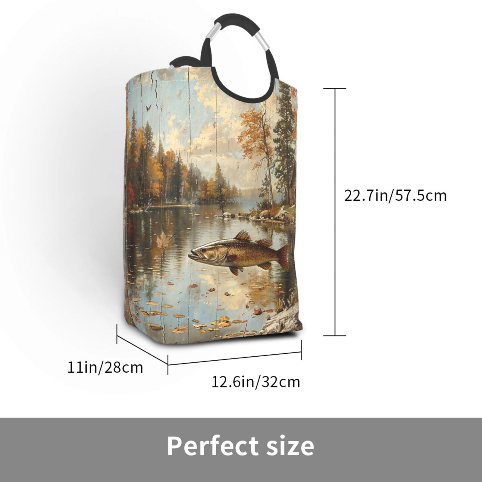 Hunting Cabin Fish Leaf Fishing Vintage Laundry Bag with Handle - Foldable Dirty Clothes Hamper Collapsible Storage Bin
